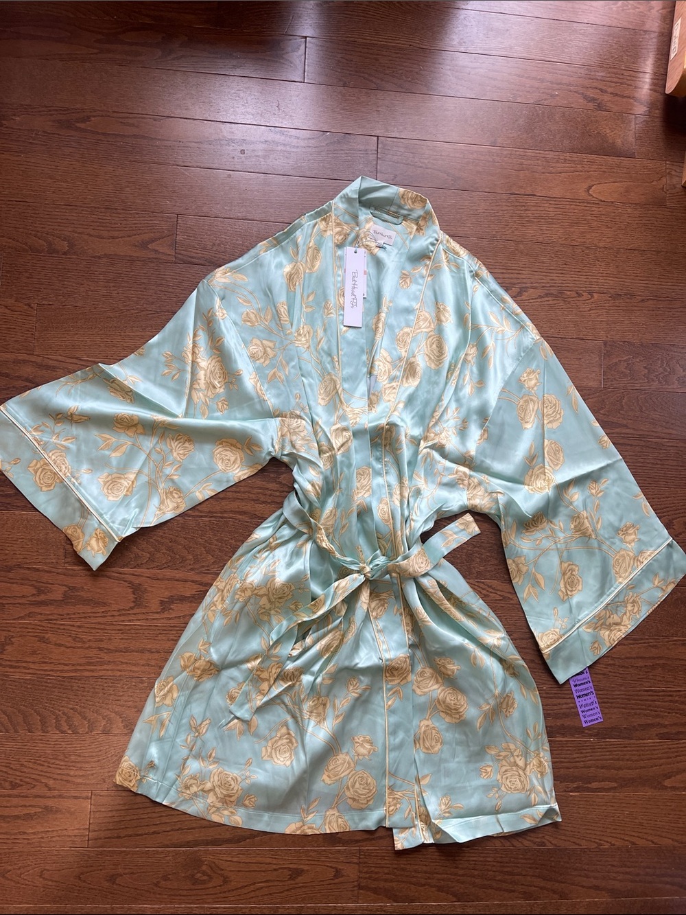 BedHead 100% silk Floral Robe in Mint & Gold, Royal Rose